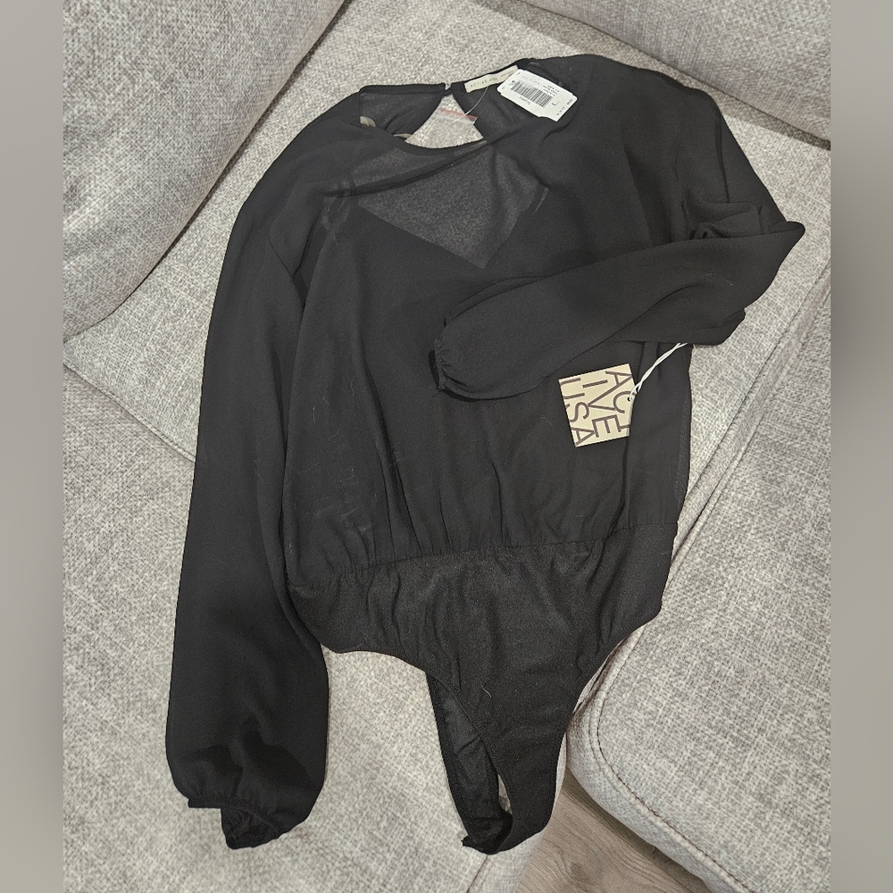 Sheer black longsleeve open back bodysuit